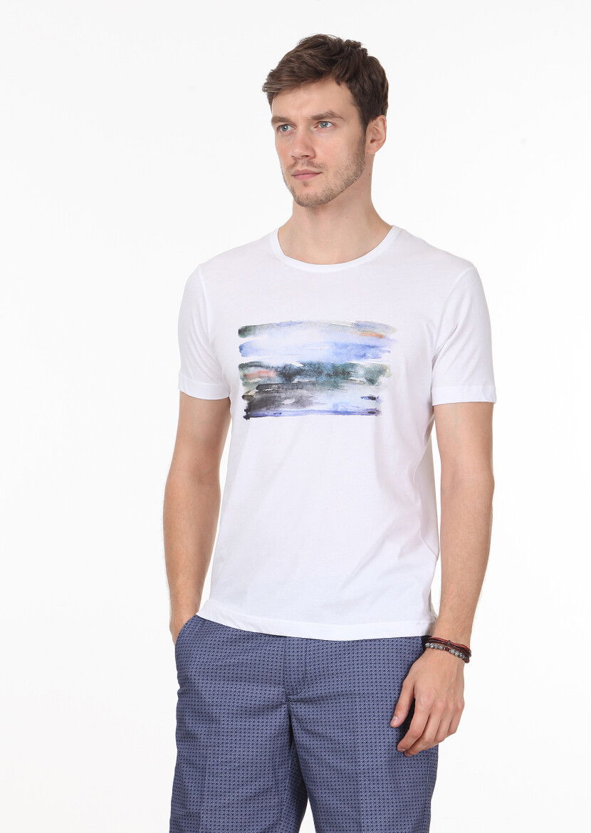 Beyaz Baskılı %100 Pamuk T-Shirt - 1