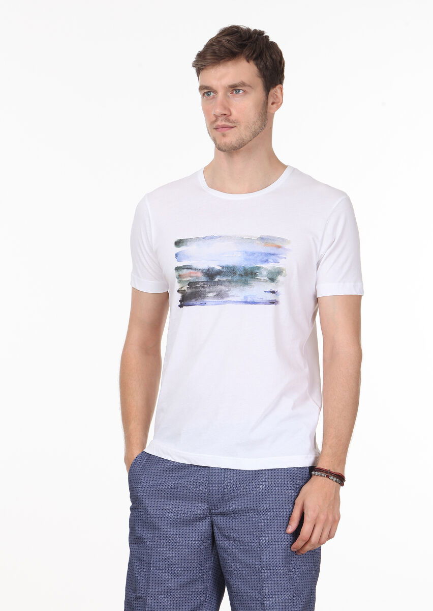 Beyaz Baskılı %100 Pamuk T-Shirt - 1