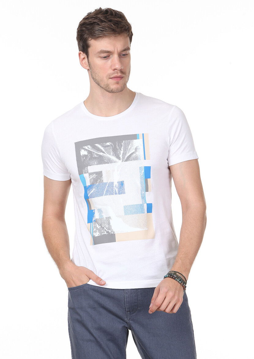 Beyaz Baskılı %100 Pamuk T-Shirt - 1