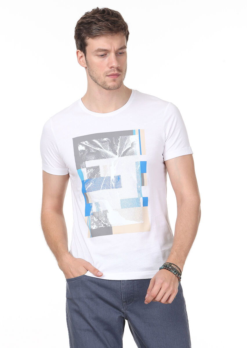 Beyaz Baskılı %100 Pamuk T-Shirt - 1