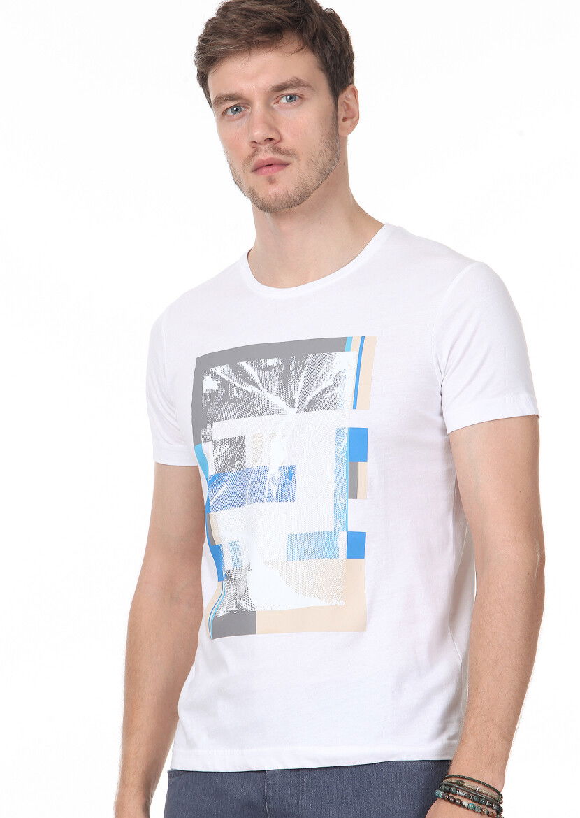 Beyaz Baskılı %100 Pamuk T-Shirt - 2
