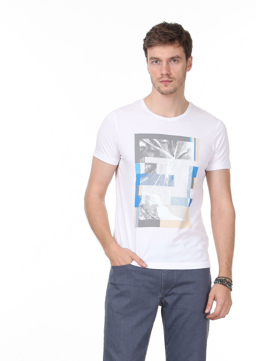 Beyaz Baskılı %100 Pamuk T-Shirt - 3