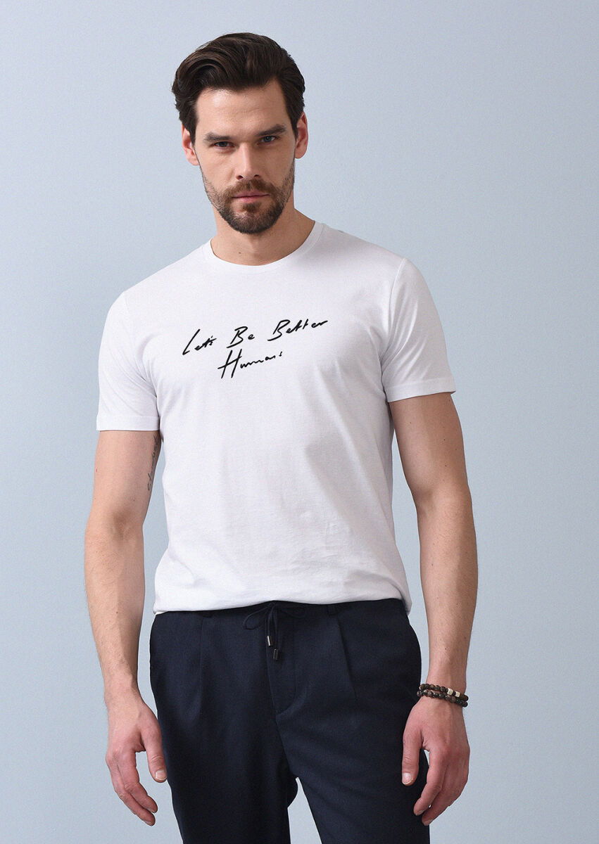 Beyaz Baskılı %100 Pamuk T-Shirt - 1