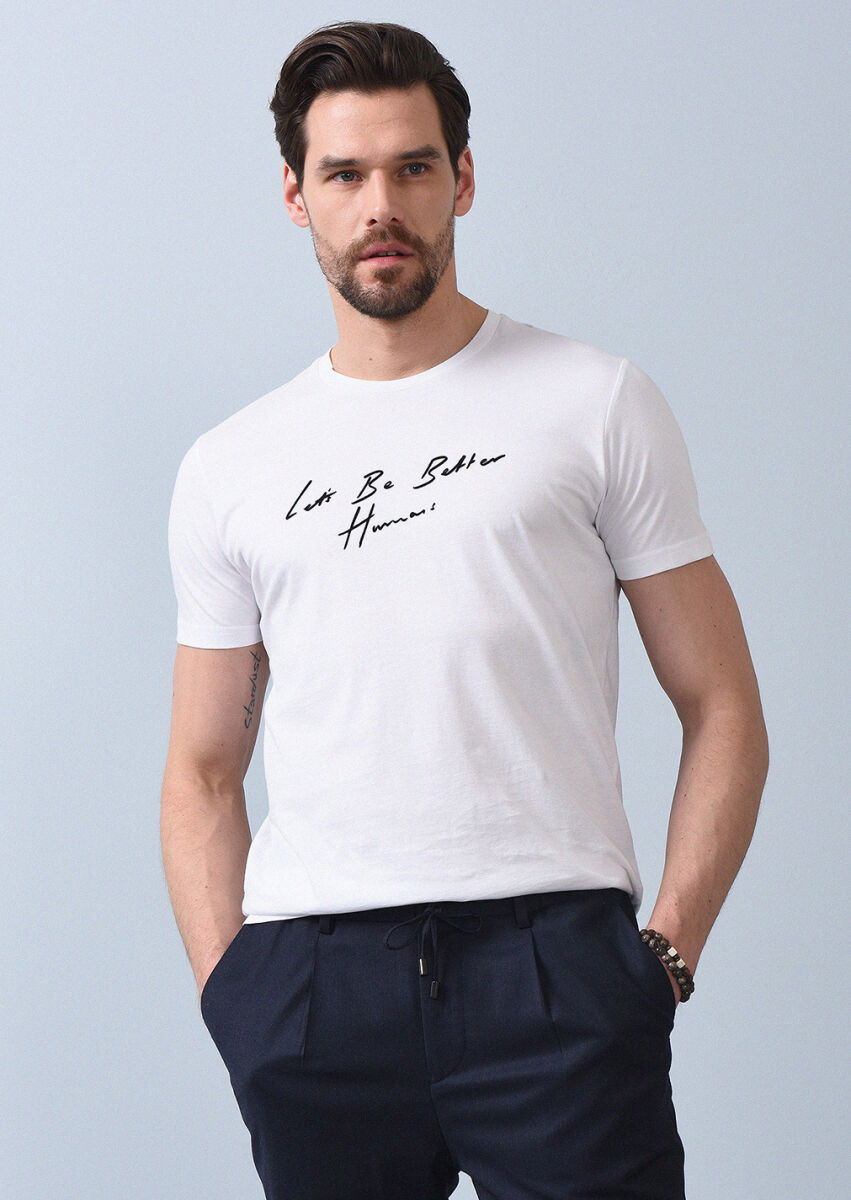 Beyaz Baskılı %100 Pamuk T-Shirt - 2