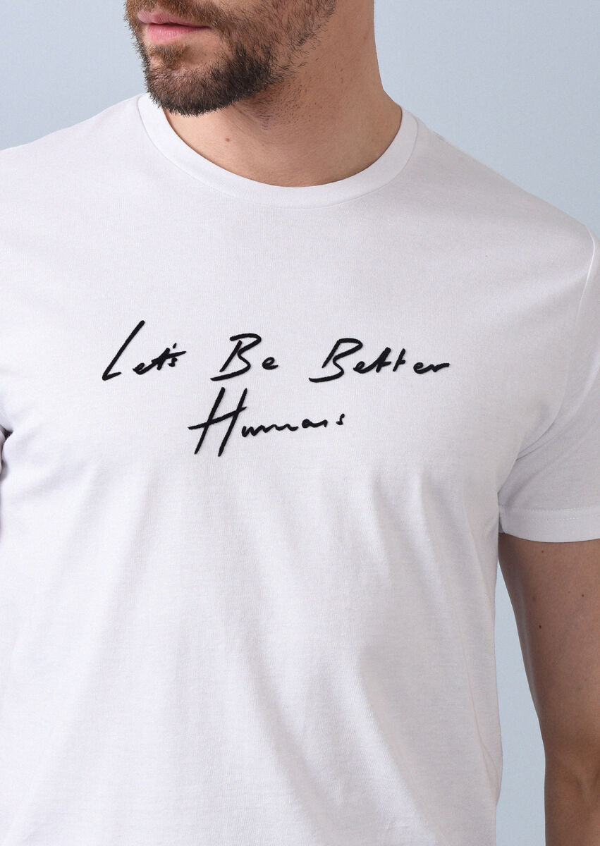 Beyaz Baskılı %100 Pamuk T-Shirt - 3