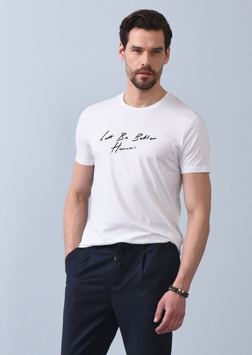 Beyaz Baskılı %100 Pamuk T-Shirt - 4