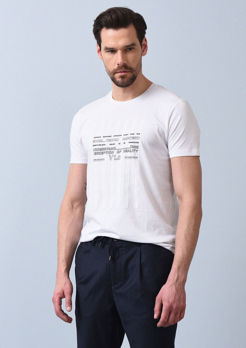 Beyaz Baskılı %100 Pamuk T-Shirt - 1