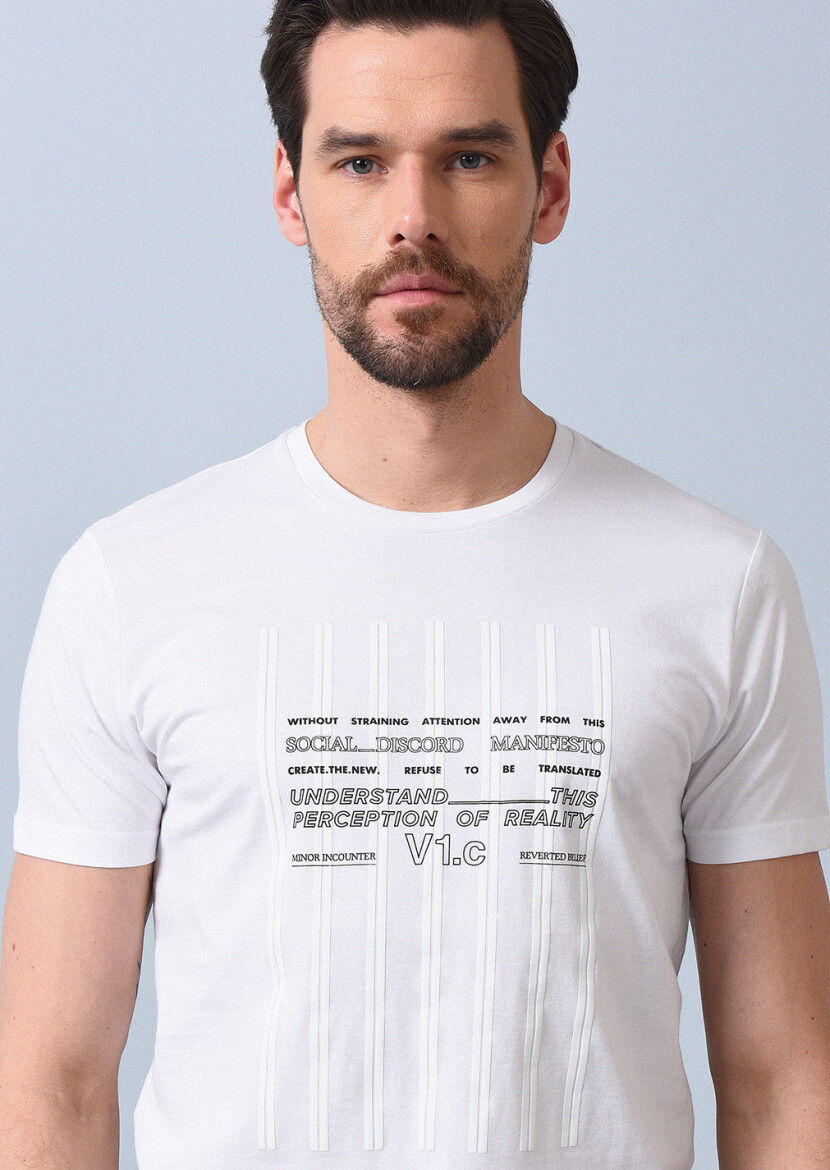 Beyaz Baskılı %100 Pamuk T-Shirt - 3