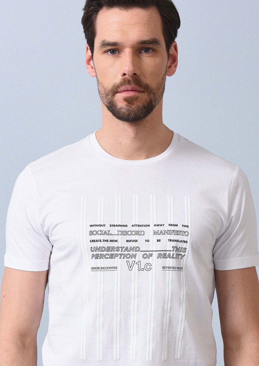 Beyaz Baskılı %100 Pamuk T-Shirt - 3