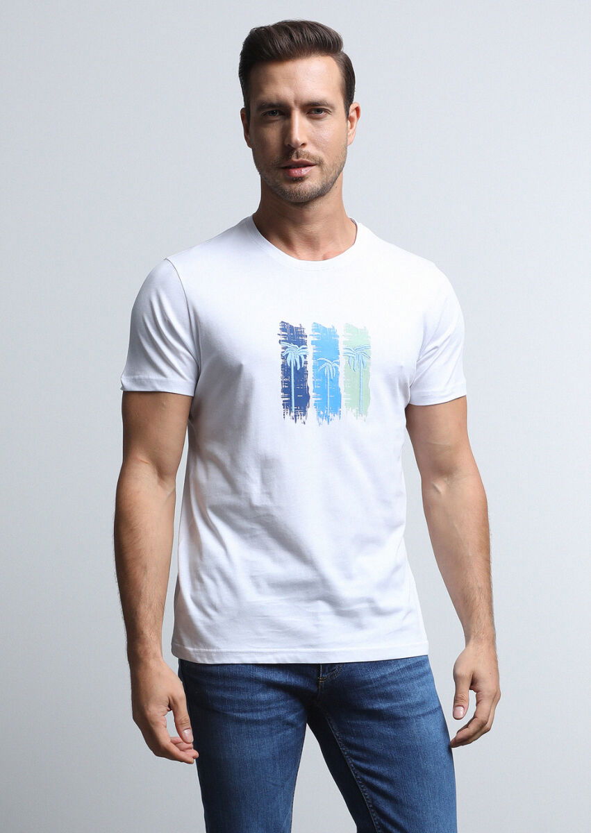Beyaz Baskılı %100 Pamuk T-Shirt - 3