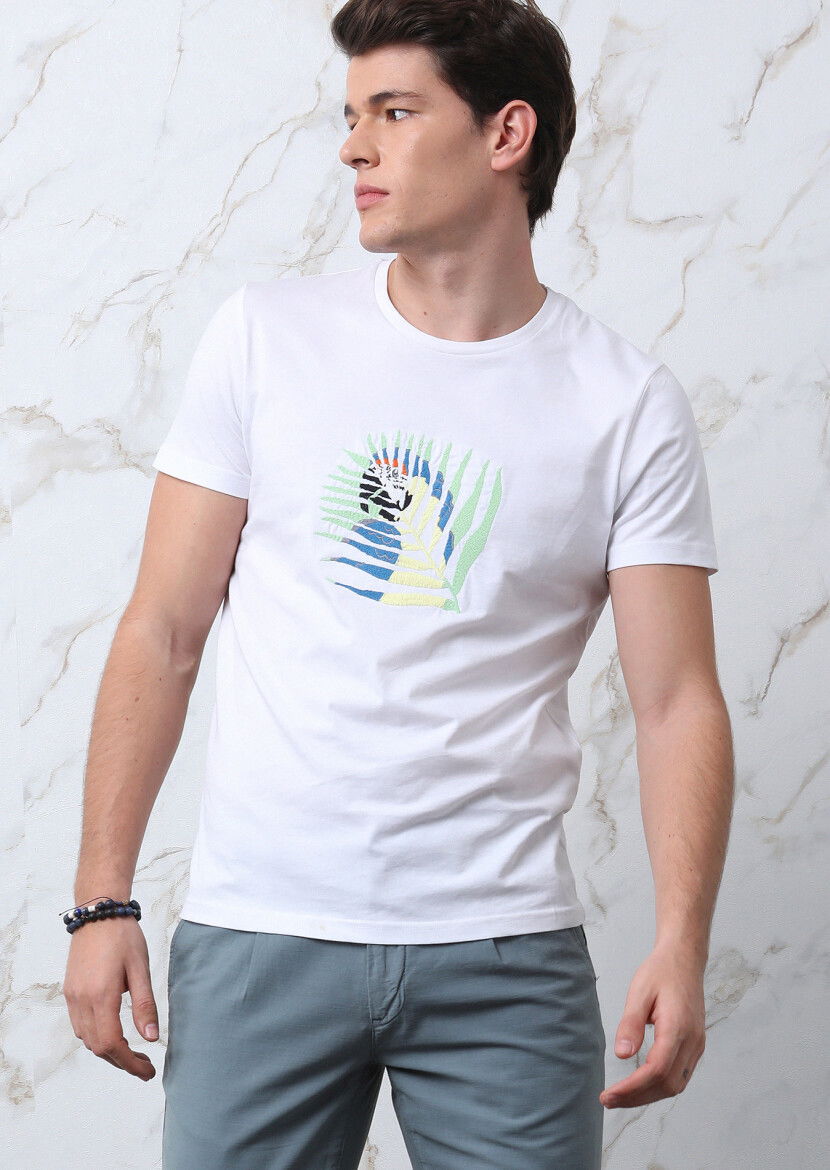 Beyaz Baskılı %100 Pamuk T-Shirt - 2