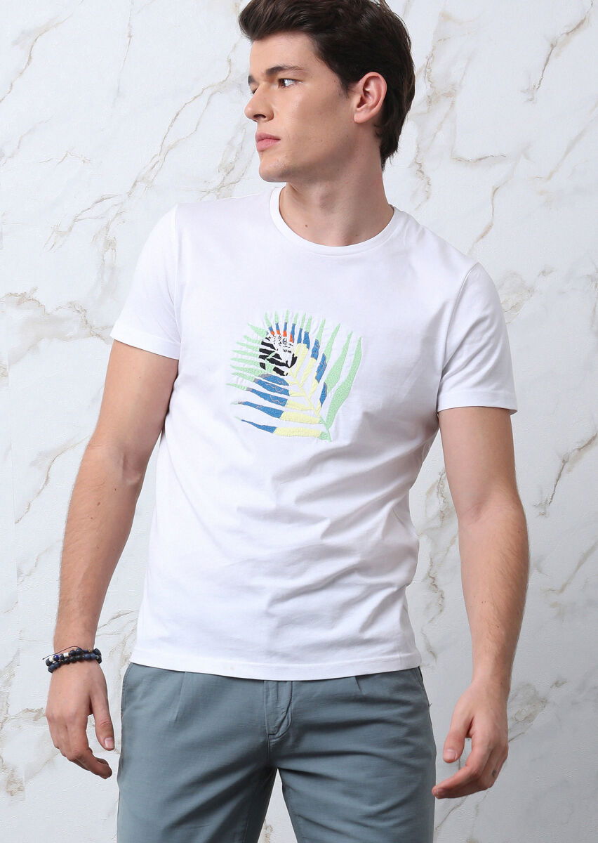 Beyaz Baskılı %100 Pamuk T-Shirt - 2