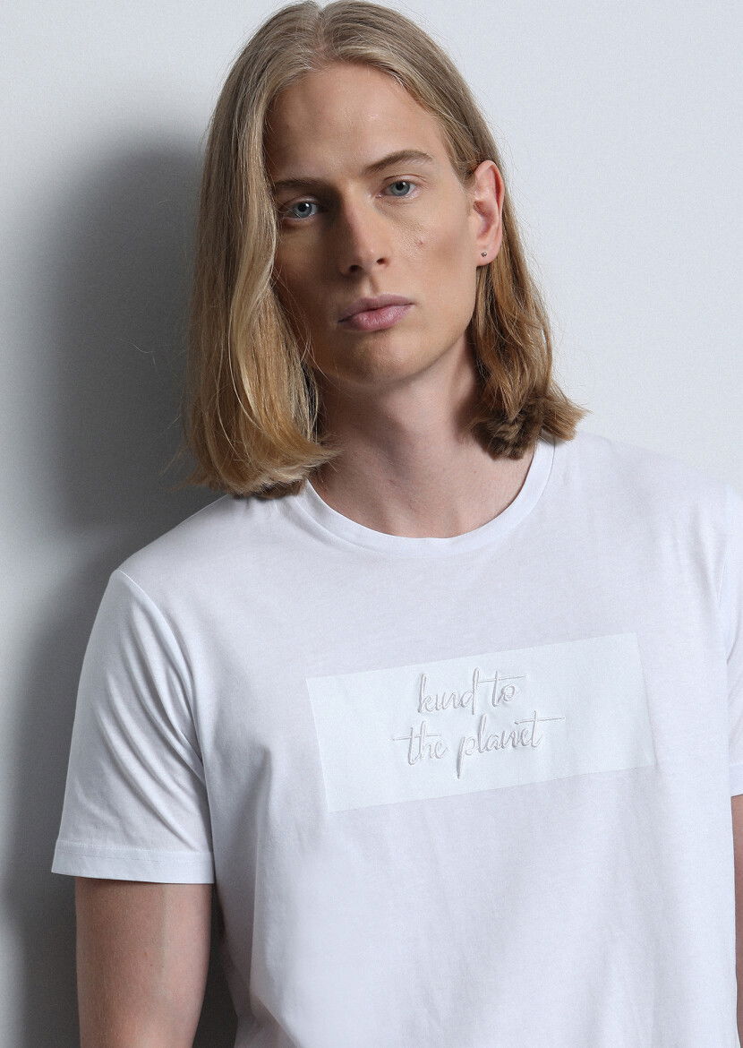 Beyaz Baskılı %100 Pamuk T-Shirt - 1