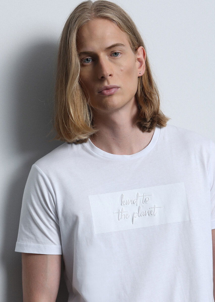Beyaz Baskılı %100 Pamuk T-Shirt - 1