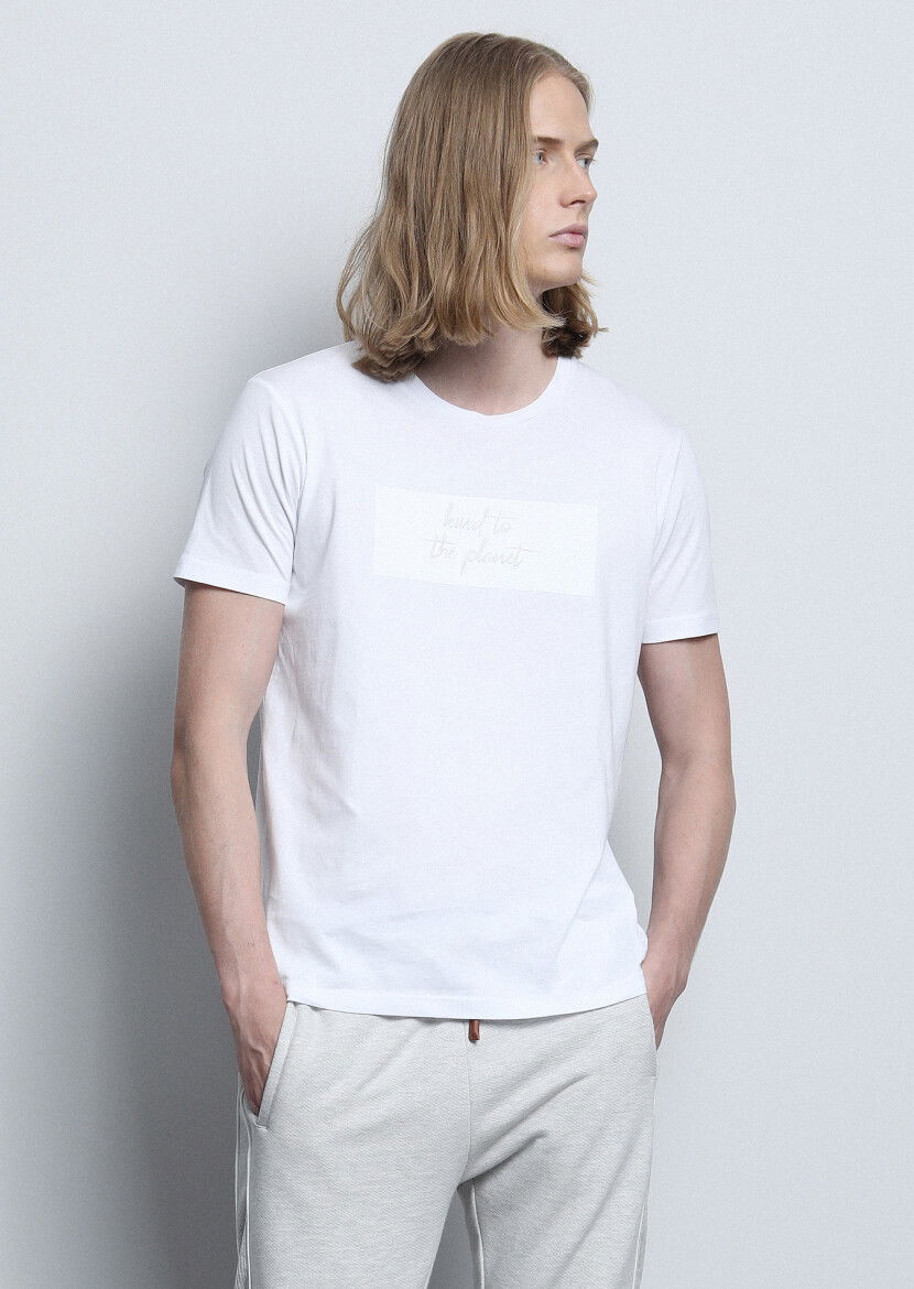 Beyaz Baskılı %100 Pamuk T-Shirt - 2
