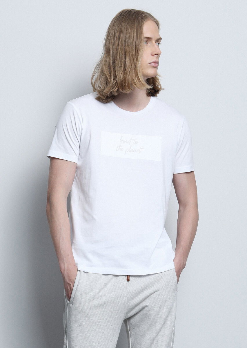 Beyaz Baskılı %100 Pamuk T-Shirt - 2
