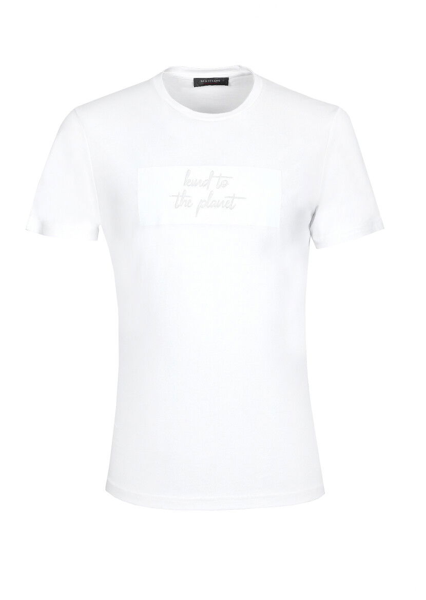 Beyaz Baskılı %100 Pamuk T-Shirt - 6
