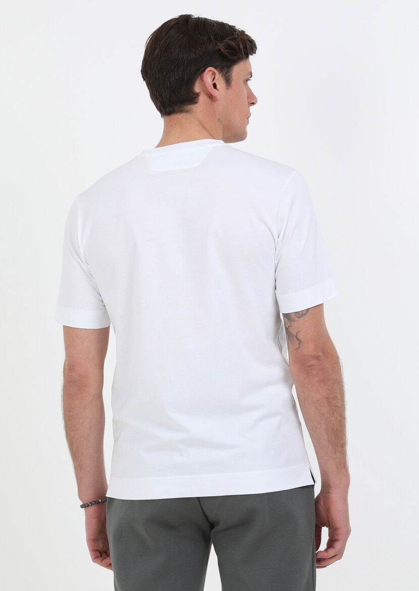 Beyaz Baskılı Bisiklet Yaka %100 Pamuk T-Shirt - 6