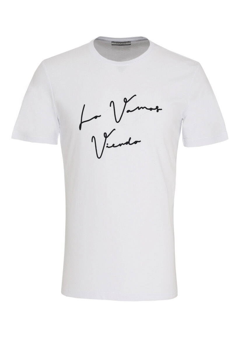 Beyaz Baskılı Bisiklet Yaka %100 Pamuk T-Shirt 
