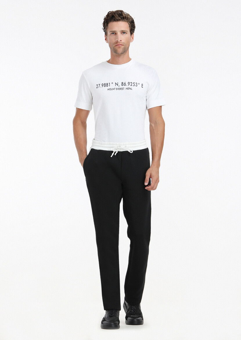 Beyaz Baskılı Bisiklet Yaka %100 Pamuk T-Shirt 