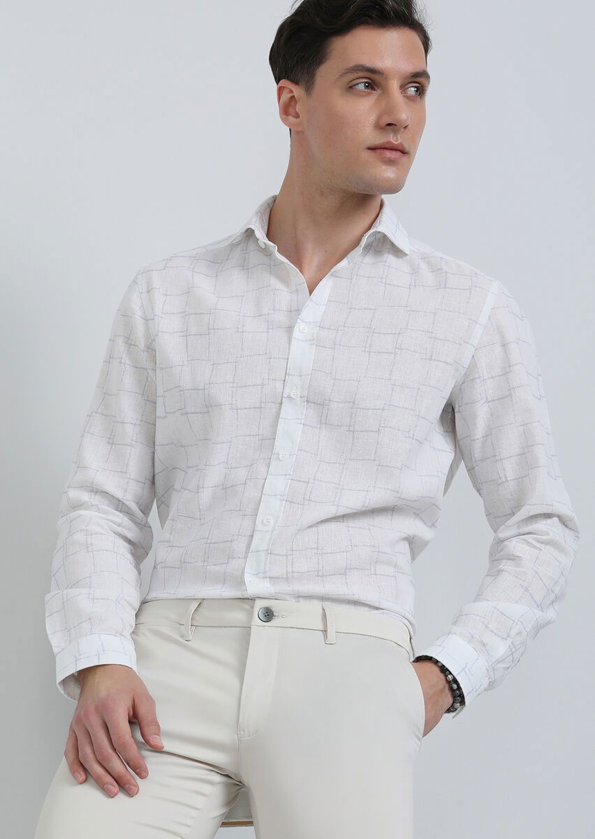 Beyaz Baskılı Regular Fit Dokuma Casual Pamuk Karışımlı Gömlek - 1