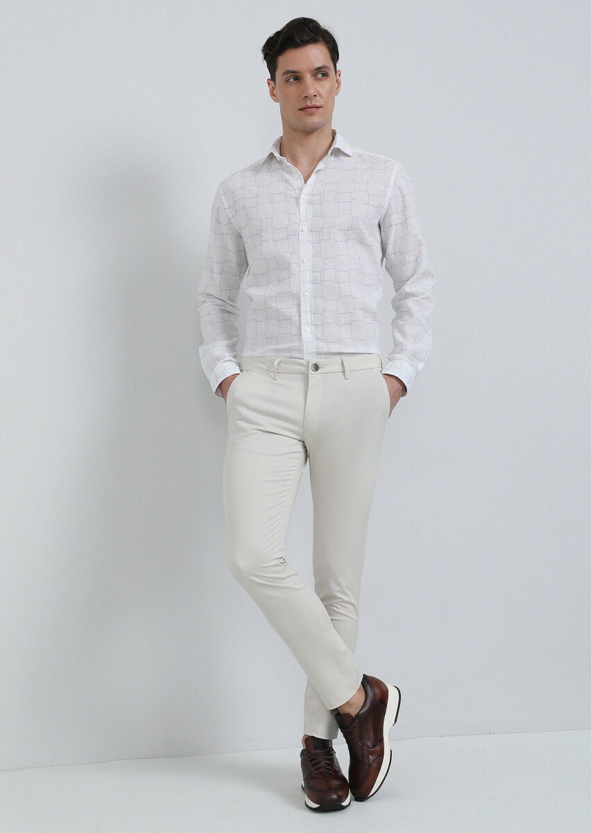 Beyaz Baskılı Regular Fit Dokuma Casual Pamuk Karışımlı Gömlek - 3