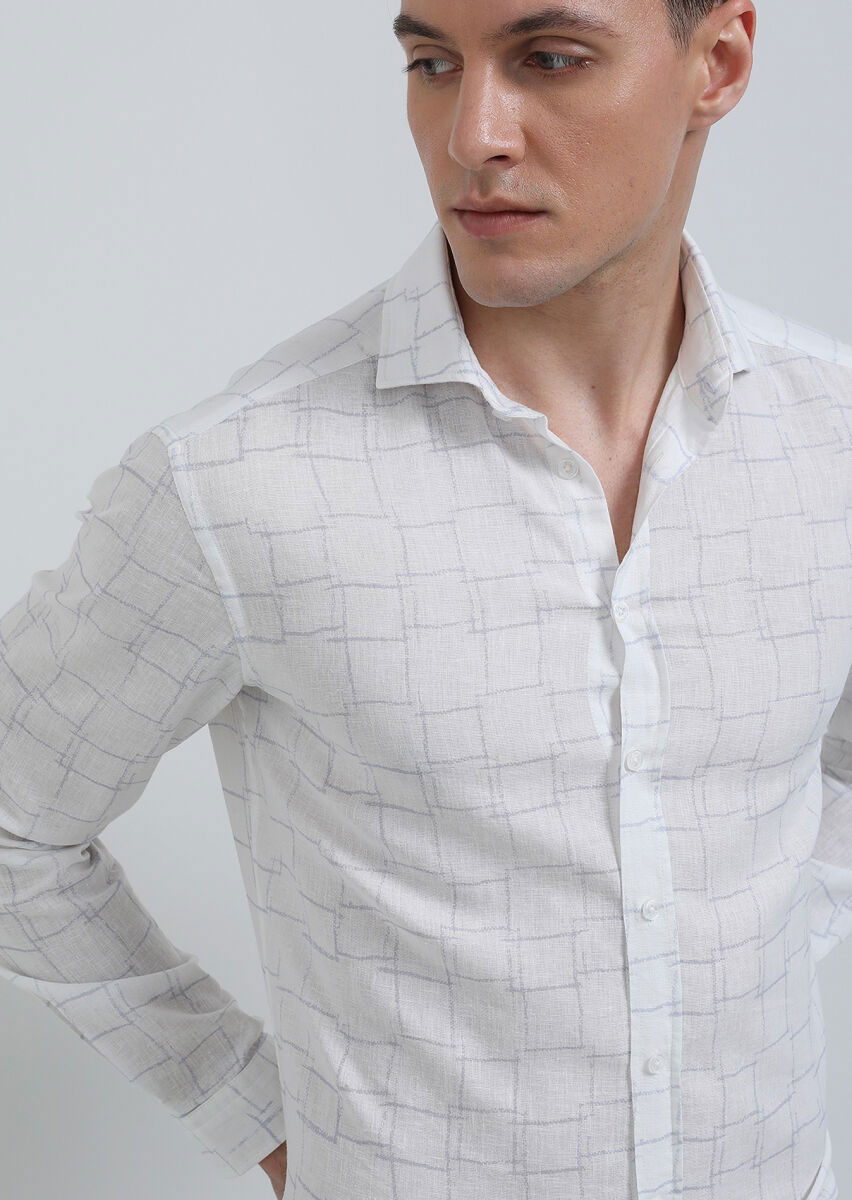 Beyaz Baskılı Regular Fit Dokuma Casual Pamuk Karışımlı Gömlek - 4