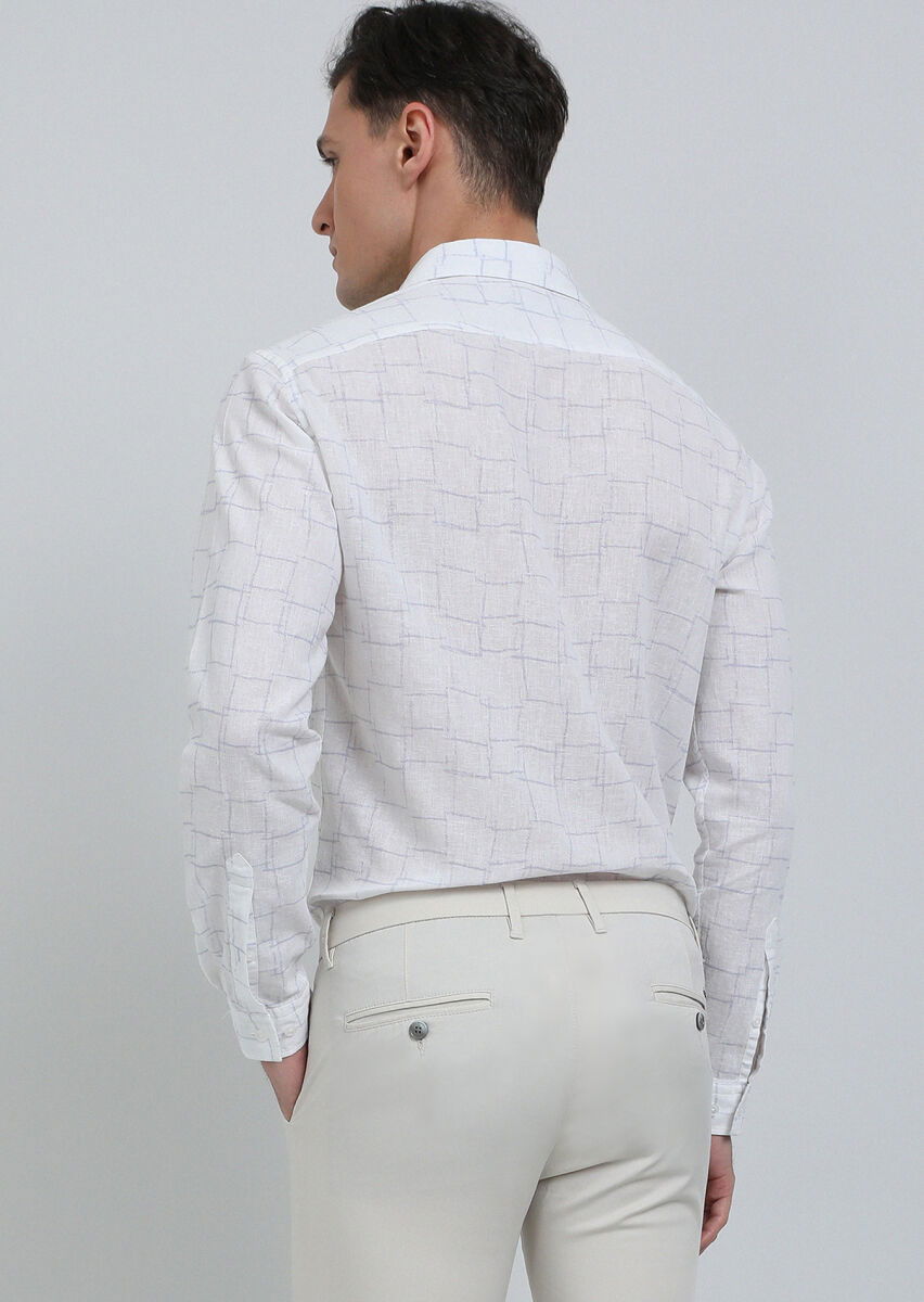 Beyaz Baskılı Regular Fit Dokuma Casual Pamuk Karışımlı Gömlek - 5