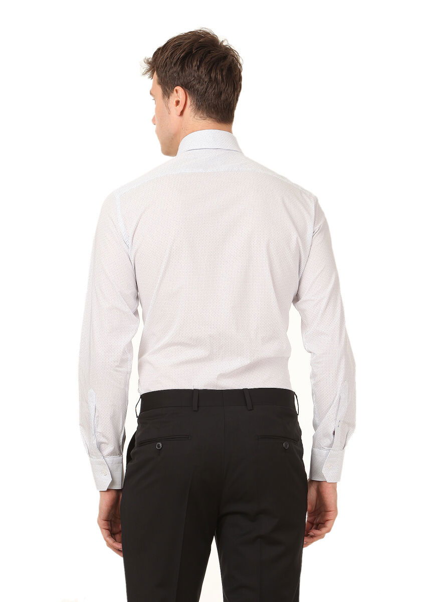 Beyaz Baskılı Regular Fit Dokuma Klasik %100 Pamuk Gömlek - 4