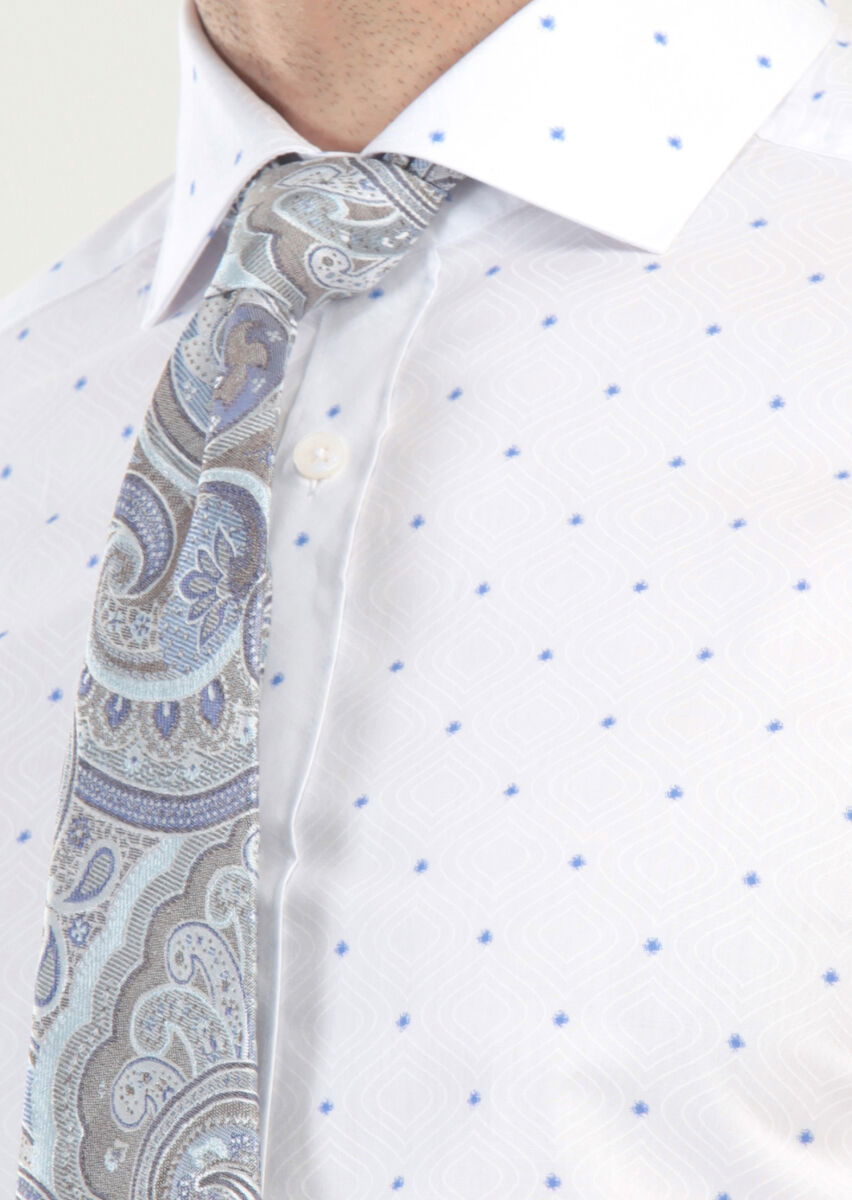 Beyaz Baskılı Slim Fit Dokuma Klasik %100 Pamuk Gömlek - 5