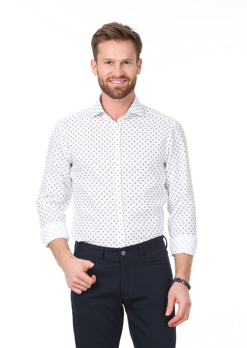 Beyaz Baskılı Slim Fit Dokuma Klasik %100 Pamuk Gömlek - 1