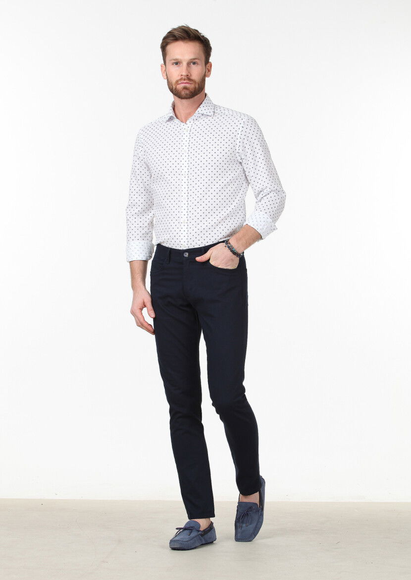 Beyaz Baskılı Slim Fit Dokuma Klasik %100 Pamuk Gömlek - 2