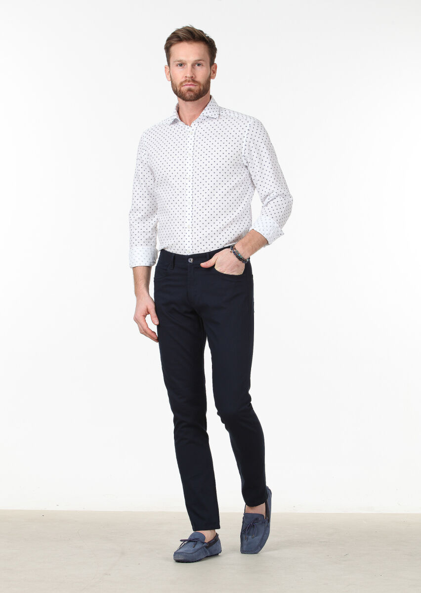 Beyaz Baskılı Slim Fit Dokuma Klasik %100 Pamuk Gömlek - 2