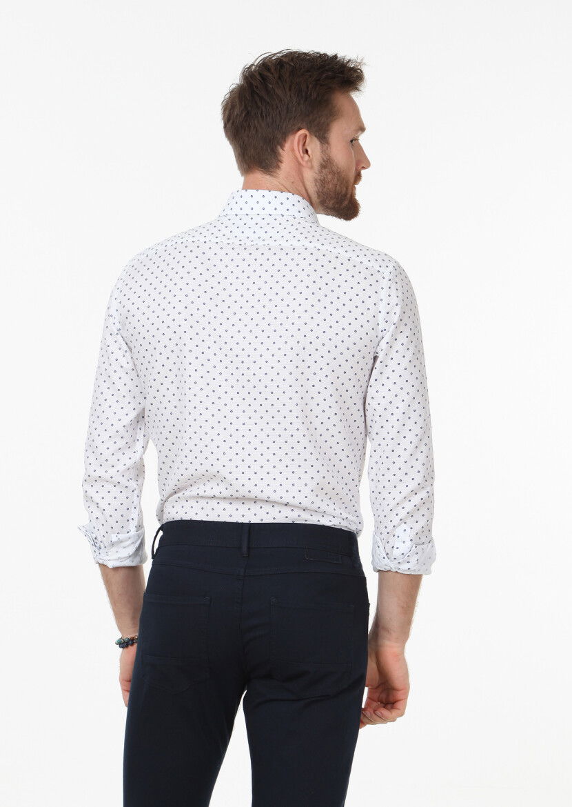 Beyaz Baskılı Slim Fit Dokuma Klasik %100 Pamuk Gömlek - 4