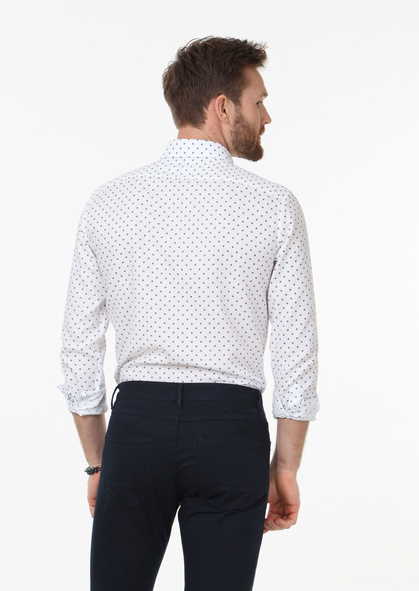 Beyaz Baskılı Slim Fit Dokuma Klasik %100 Pamuk Gömlek - 4