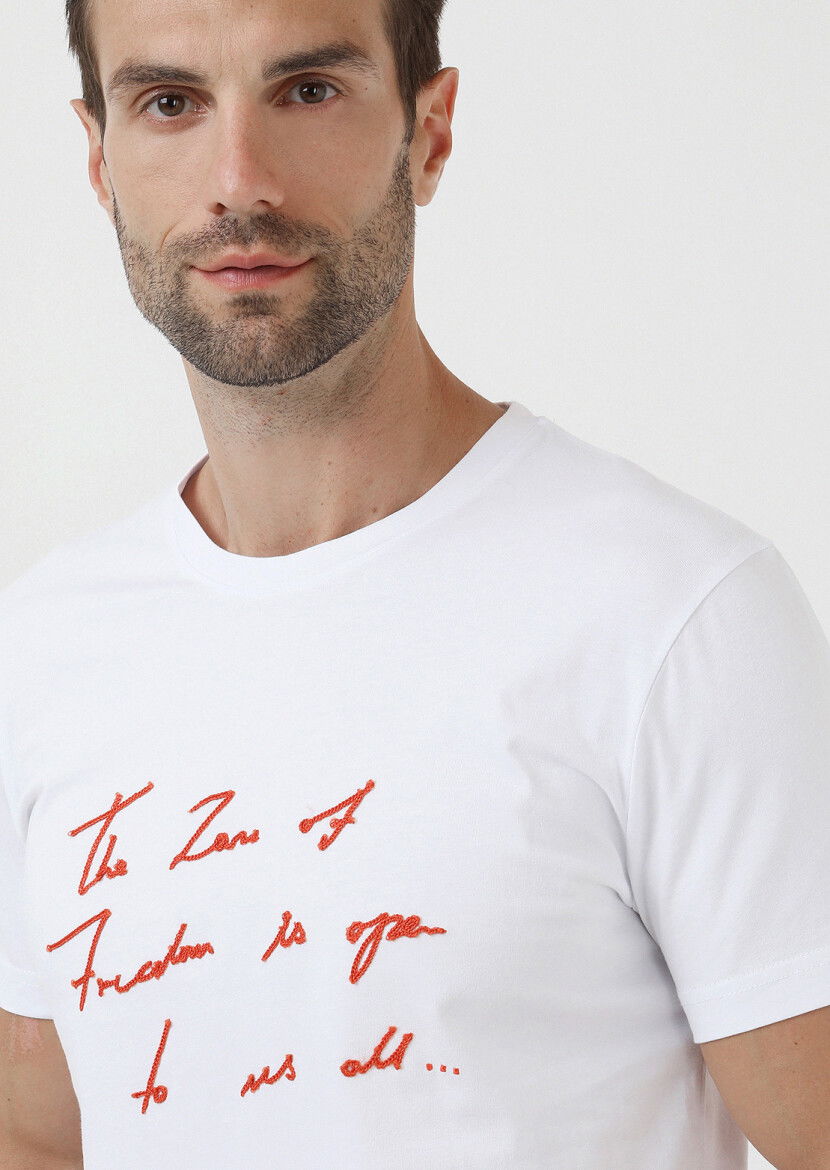 Beyaz Bisiklet Yaka %100 Pamuk T-Shirt 