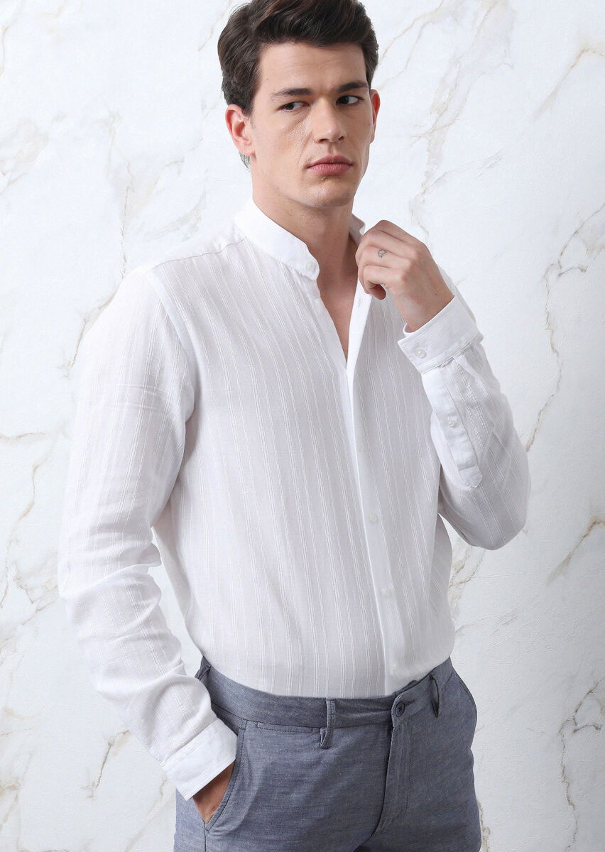 Beyaz Çizgili Regular Fit Dokuma Casual %100 Pamuk Gömlek - 2