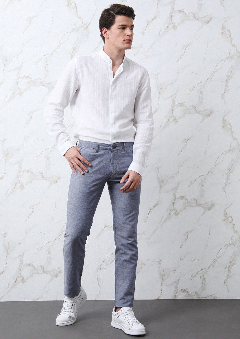 Beyaz Çizgili Regular Fit Dokuma Casual %100 Pamuk Gömlek - 3