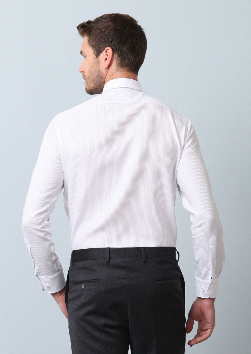 Beyaz Çizgili Regular Fit Dokuma Klasik %100 Pamuk Gömlek - 5