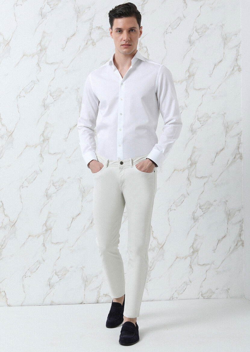 Beyaz Çizgili Regular Fit Dokuma Klasik %100 Pamuk Gömlek - 4
