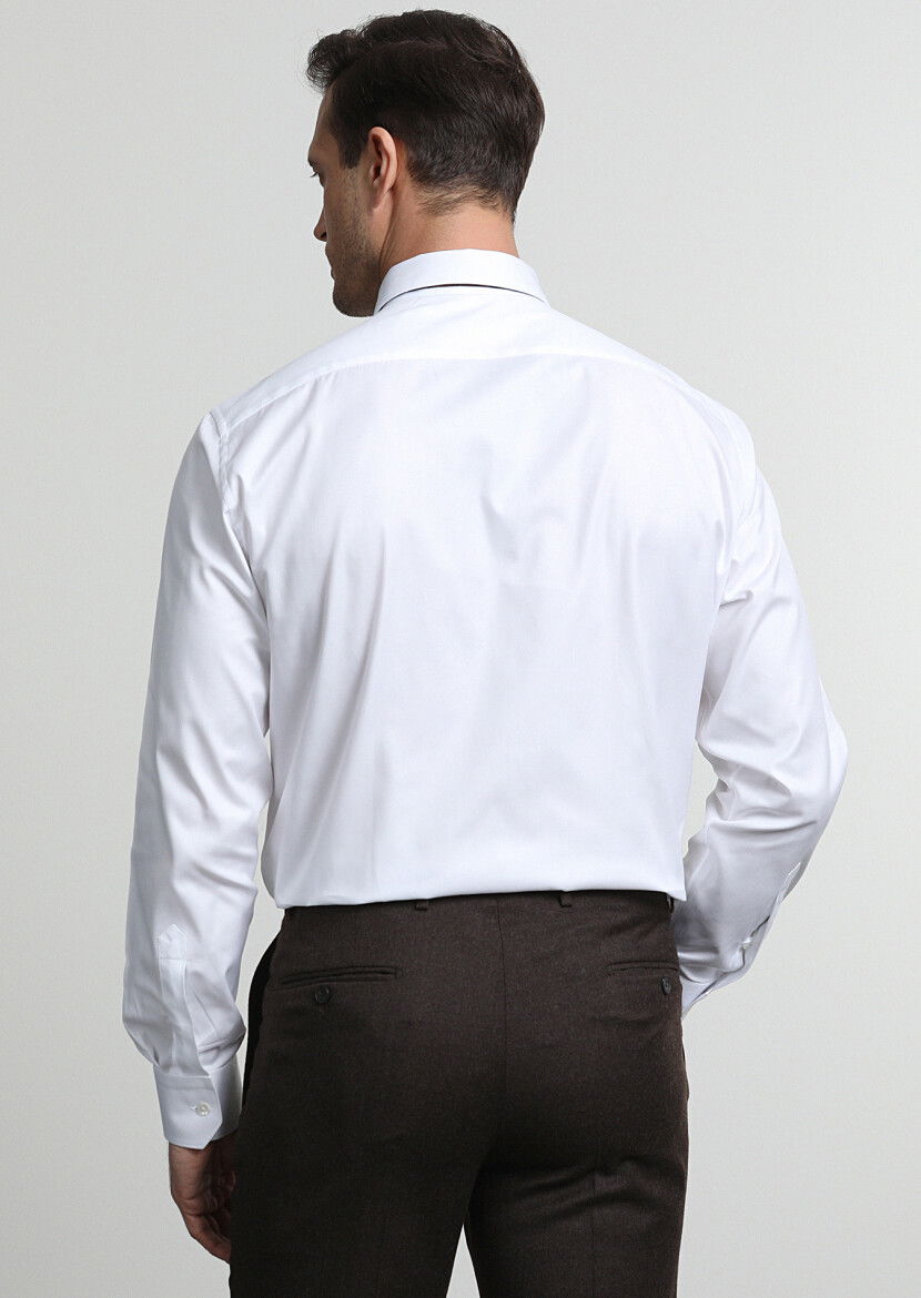 Beyaz Çizgili Regular Fit Dokuma Klasik %100 Pamuk Gömlek - 4
