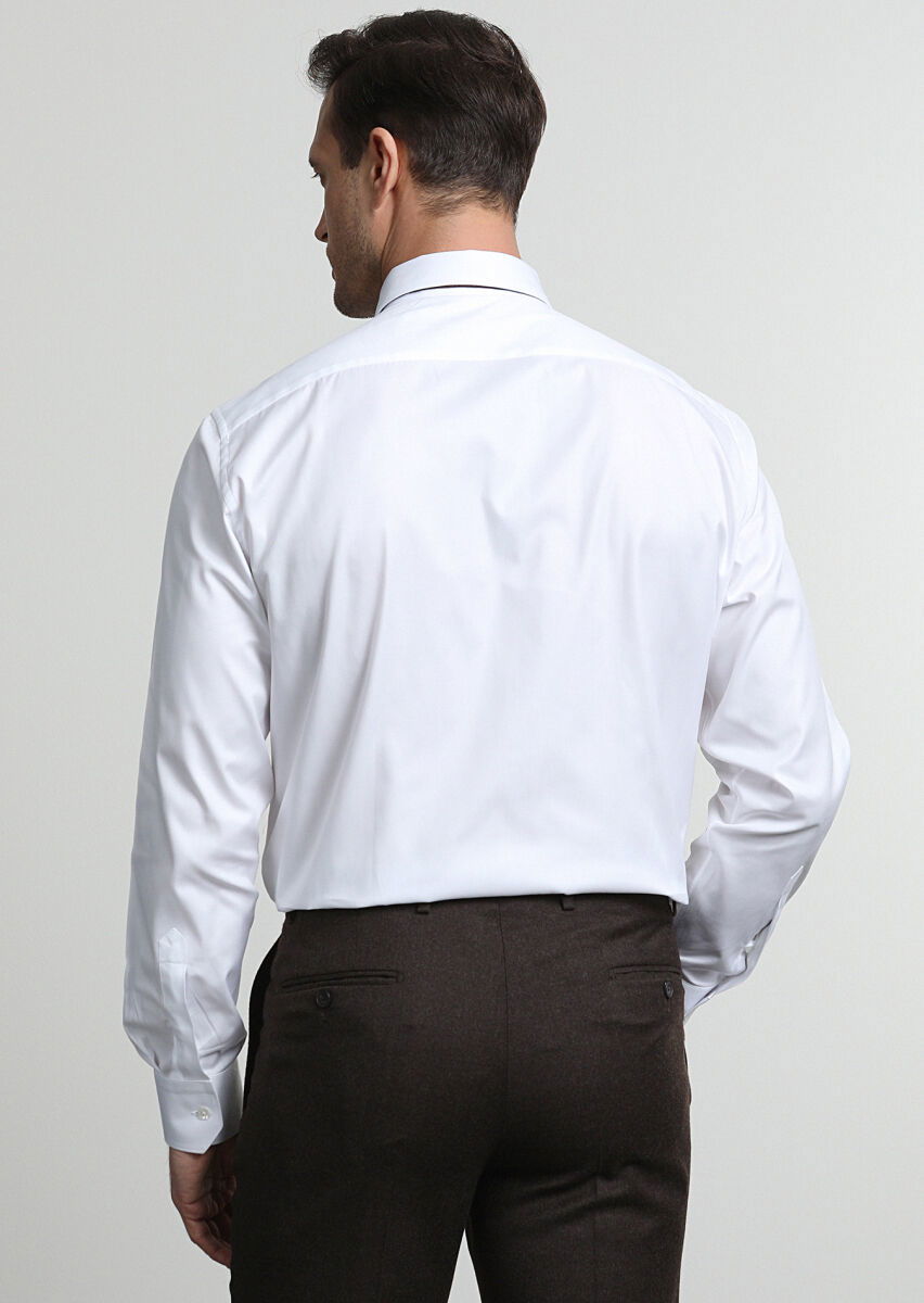 Beyaz Çizgili Regular Fit Dokuma Klasik %100 Pamuk Gömlek - 4