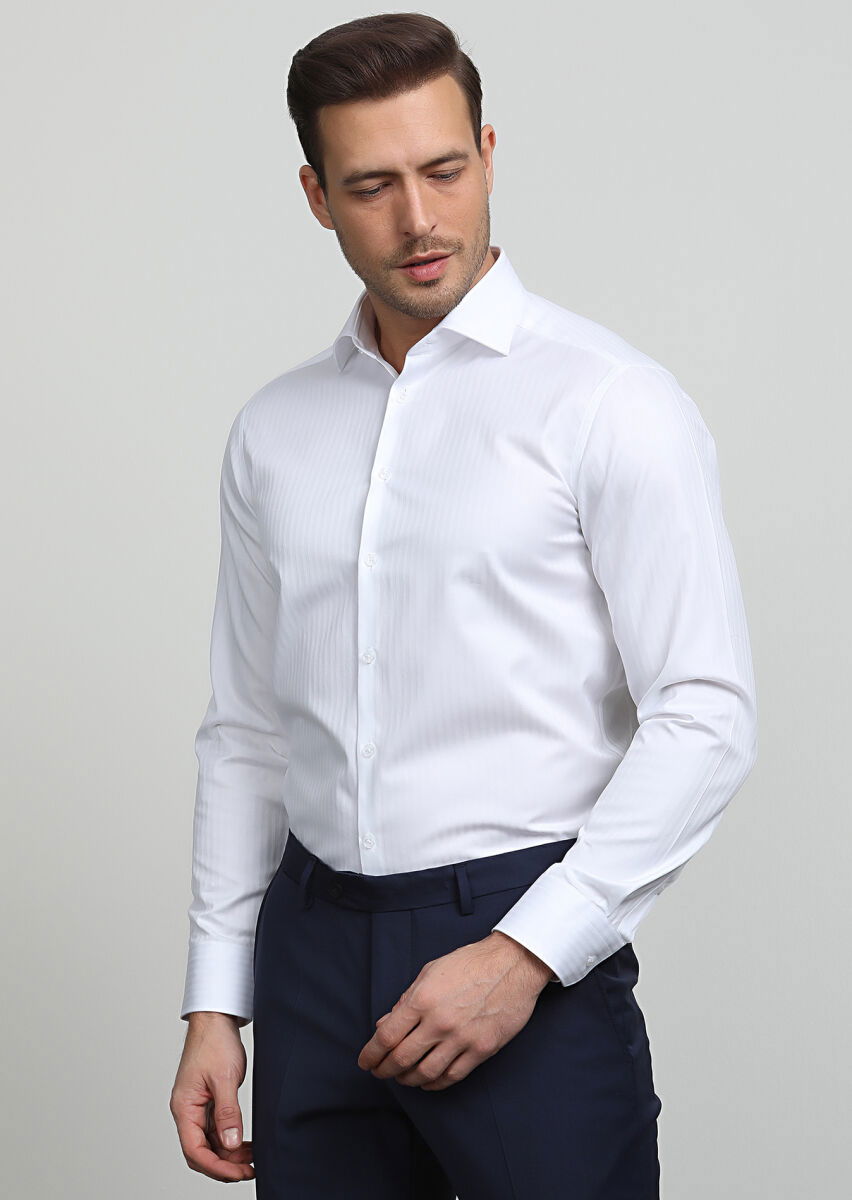 Beyaz Çizgili Regular Fit Dokuma Klasik %100 Pamuk Gömlek - 1