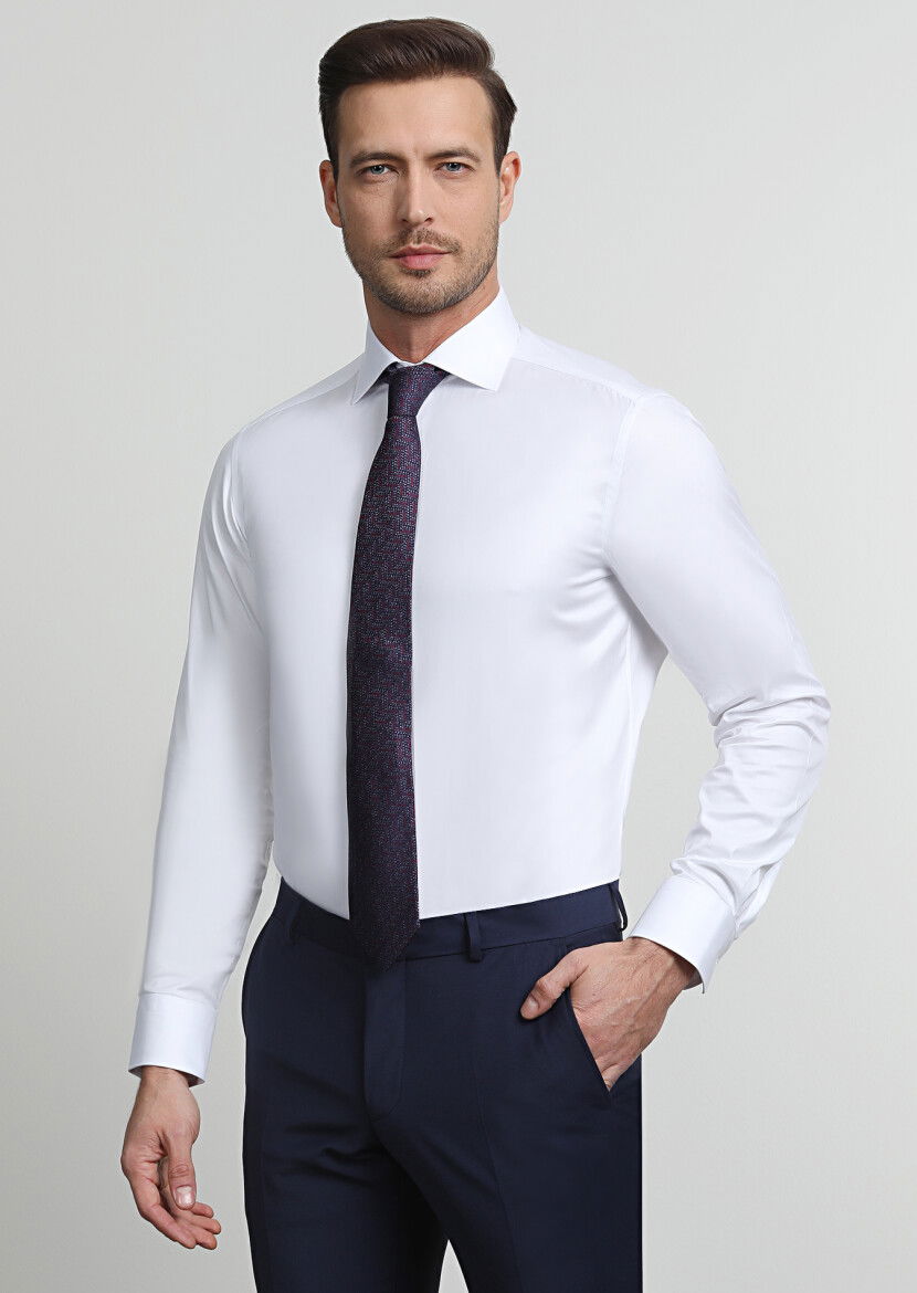 Beyaz Çizgili Regular Fit Dokuma Klasik %100 Pamuk Gömlek - 1