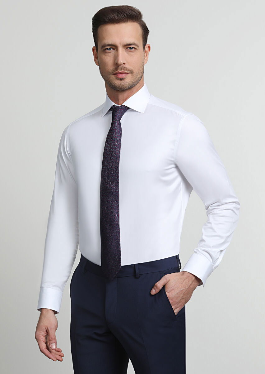 Beyaz Çizgili Regular Fit Dokuma Klasik %100 Pamuk Gömlek - 1