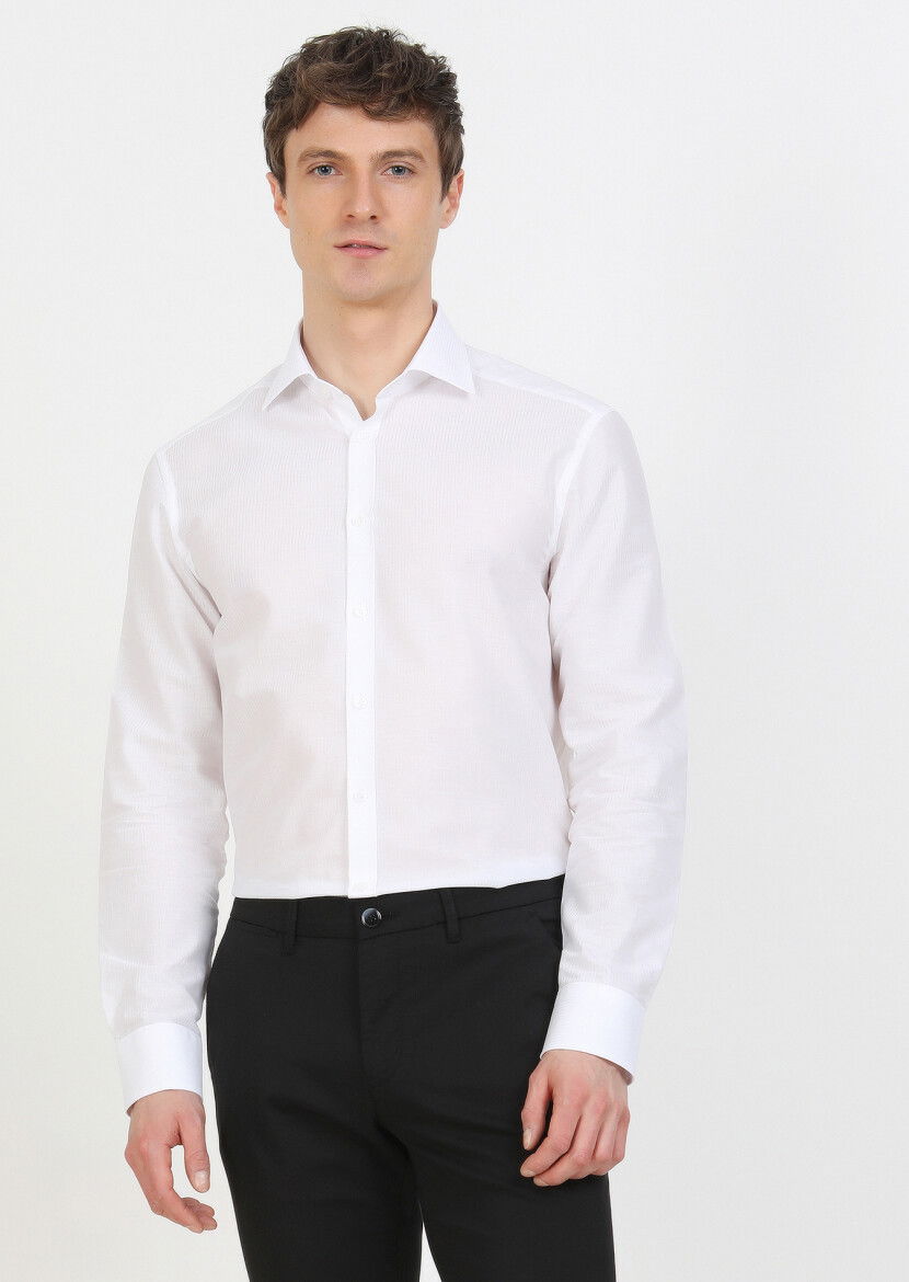 Beyaz Çizgili Regular Fit Dokuma Klasik %100 Pamuk Gömlek - 4