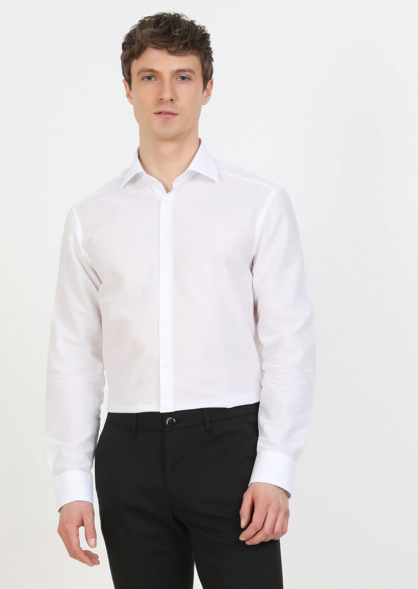 Beyaz Çizgili Regular Fit Dokuma Klasik %100 Pamuk Gömlek - 4