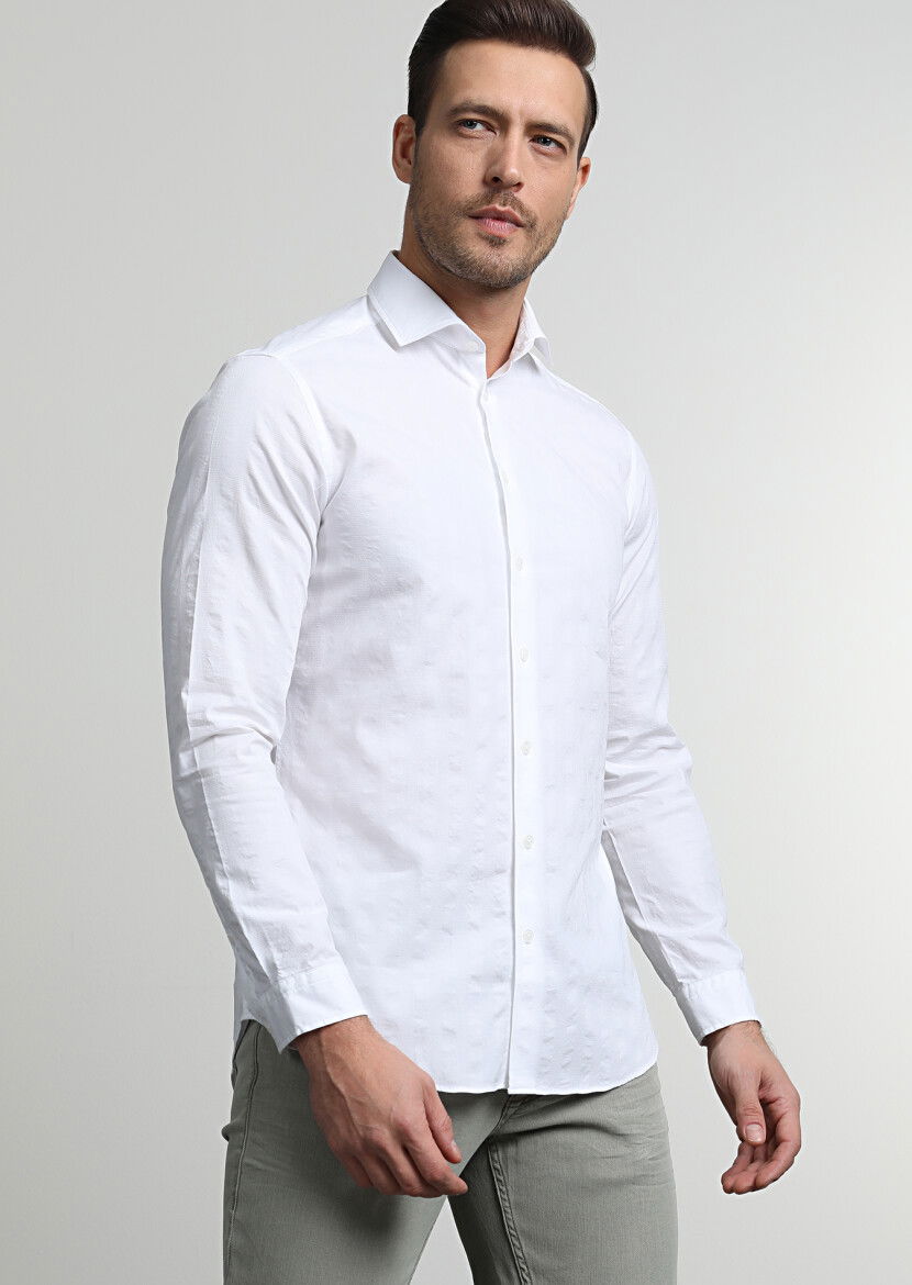 Beyaz Çizgili Slim Fit Dokuma Casual %100 Pamuk Gömlek - 1