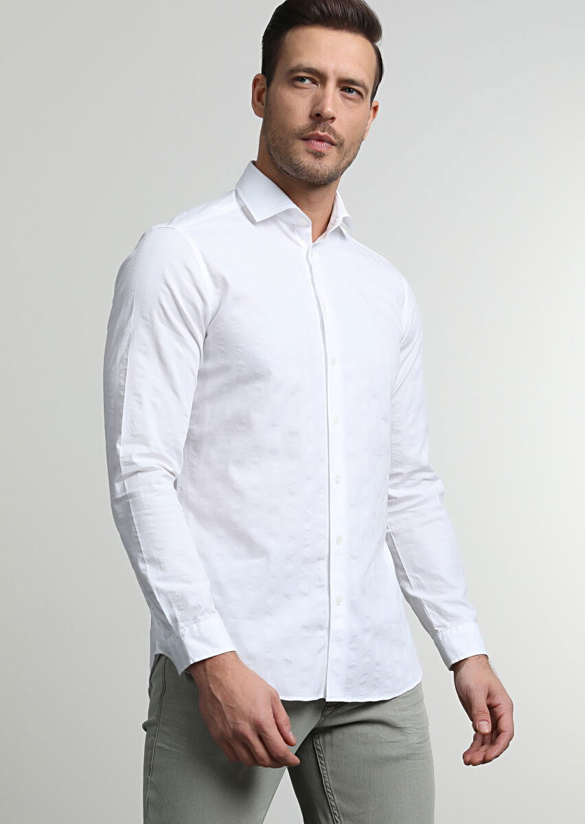 Beyaz Çizgili Slim Fit Dokuma Casual %100 Pamuk Gömlek - 1