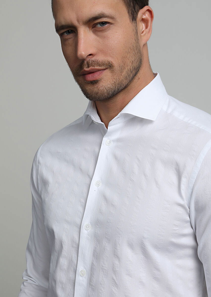 Beyaz Çizgili Slim Fit Dokuma Casual %100 Pamuk Gömlek - 2